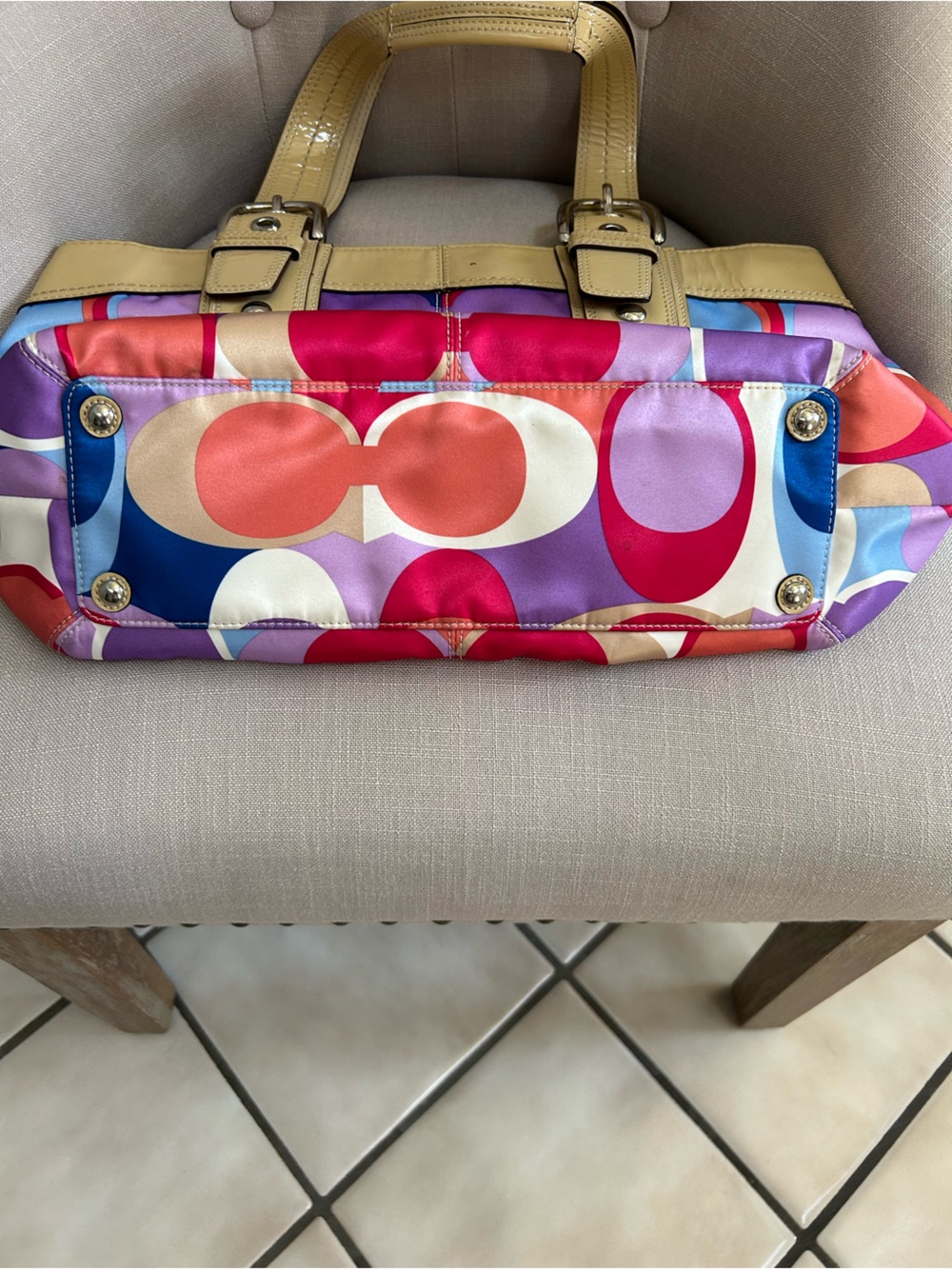 Coach Multicolor Circle Print Shoulder Bag with Beige Patent Trim - Picture 7 of 14